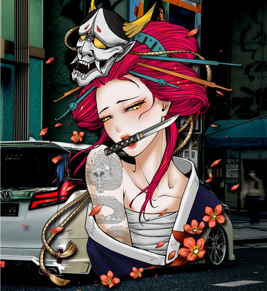 Cuchillo de mordedura de Geisha japonesa, pegatinas de coche con encanto Sexy, calcomanías automáticas, coqueteo, casco JDM, puerta de motocicleta, decoración de estilo de parabrisas - imagen 3