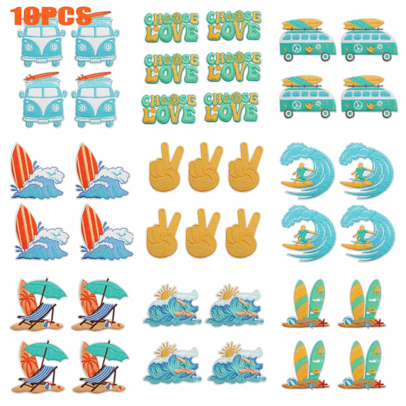10 unids/lote verano playa temática deportes surf parches bordados parche de dibujos animados planchar en parches para ropa sombreros bolsas coser DIY - imagen 2