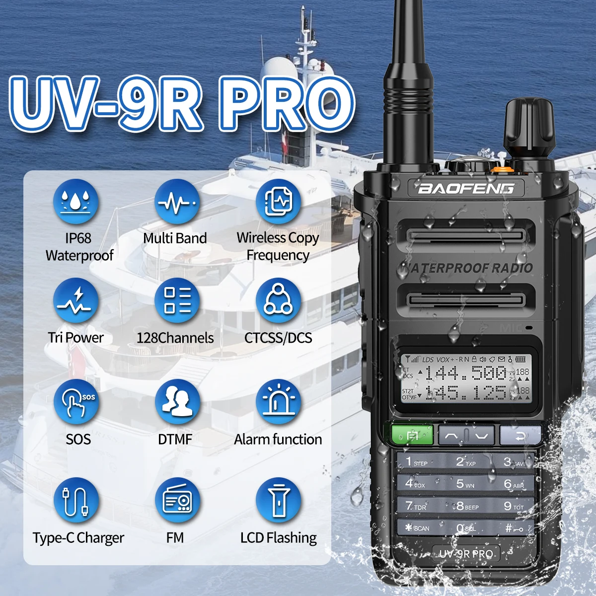 BAOFENG UV-9R PRO Walkie Talkie multibanda IP68 impermeable frecuencia de copia inalámbrica Tri potencia tipo C DTMF Radioaficionado de largo alcance - imagen 2