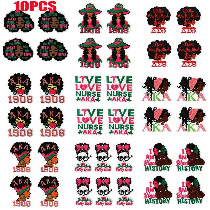10 Uds. Parches bordados AKA para hermanas y niñas negras, parches de dibujos animados, chaquetas, sombreros, mochila, parche para coser, parches para planchar para ropa DIY