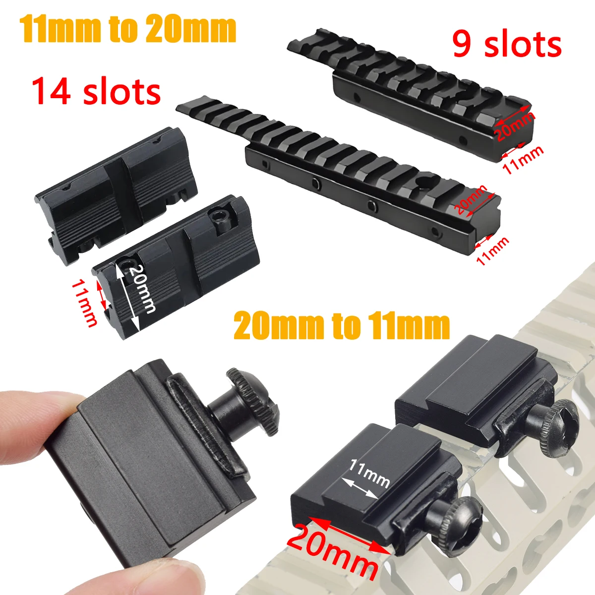 Montaje en riel táctico de 9/14 ranuras, adaptador de mira de 11mm a 20mm, Base de conversión de montaje, accesorios convertidores de montaje de 20mm a 11mm - imagen 2