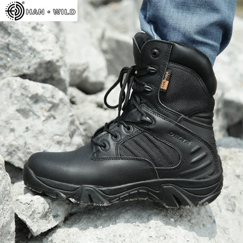 Zapatos de trabajo de cuero genuino para hombre, botas tácticas impermeables con cordones, botines de combate para motocicleta, moda