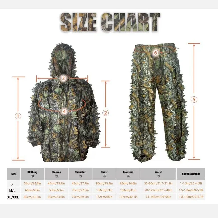 Traje de caza de camuflaje transpirable para hombre y mujer, traje Ghillie de cazador de bosque con diseño de hojas salvajes, ligero y con capucha, 5 en 1 - imagen 3