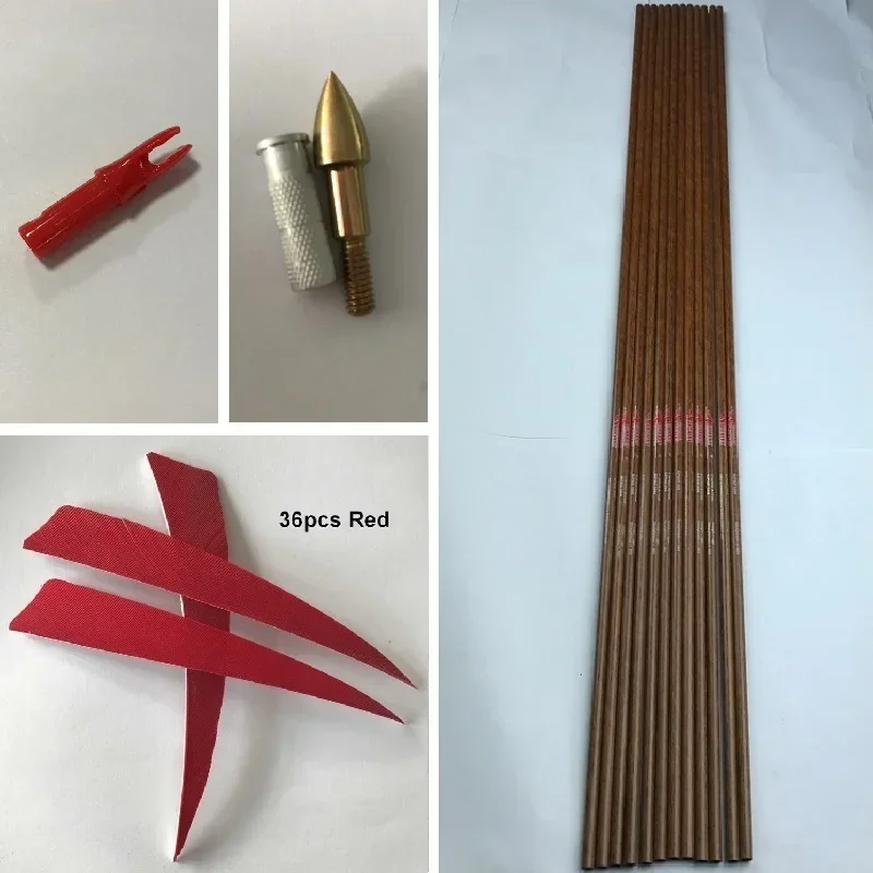 12 Uds. Ejes de flecha de carbono puro piel de madera Spine600 32 pulgadas 5 pulgadas pluma de pavo 75gr puntas compuesto arco tradicional tiro - imagen 2