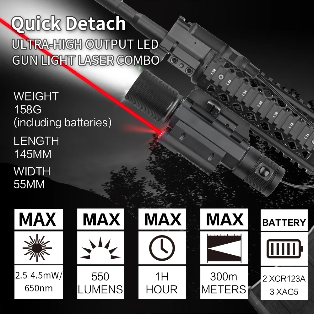 Luz de pistola, mira láser roja y verde, Combo de pistola de caza, linterna montada en riel para Rifles de pistola con interruptor de presión remoto - imagen 4