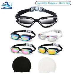 JSJM Gafas natación profesionales antivaho UV con gorro para adultos