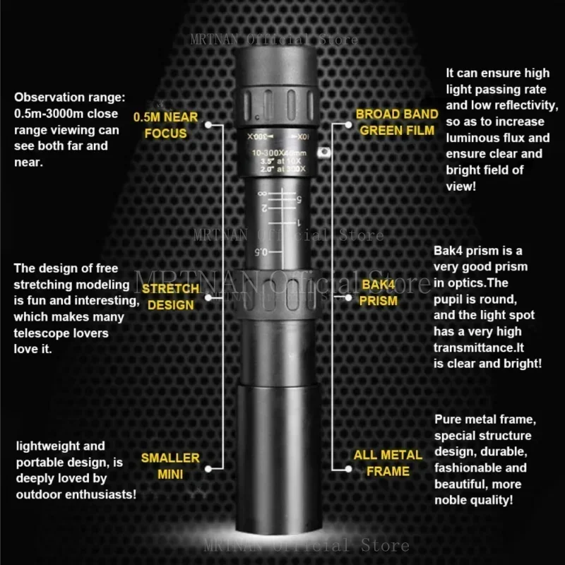 Telescopio portátil con Zoom, binoculares potentes con trípode y soporte para teléfono móvil, Monocular de viaje para acampar, 10-300x40