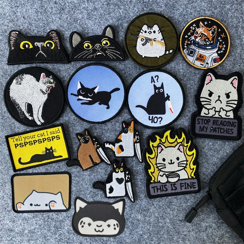 Parches bordados de animales y gatos para ropa, insignia de moral de gatito lindo, pegatina de mochila táctica, parches de marca de tejido de gato