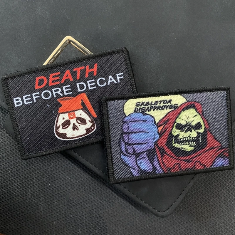 Pegatinas de mochila tácticas Death Before Decaf, pegatina de Skeletor que no acepta la marca de tejido, parche de gancho y oop, insignia de moral de calavera de muerte, brazalete - imagen 2