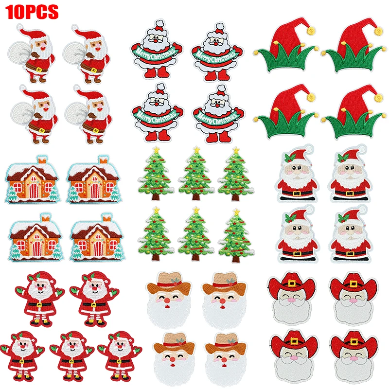 10 Uds. Parche de dibujos animados de Papá Noel, parches bordados de Navidad, parches para planchar para ropa, parches termoadhesivos, pantalones vaqueros DIY