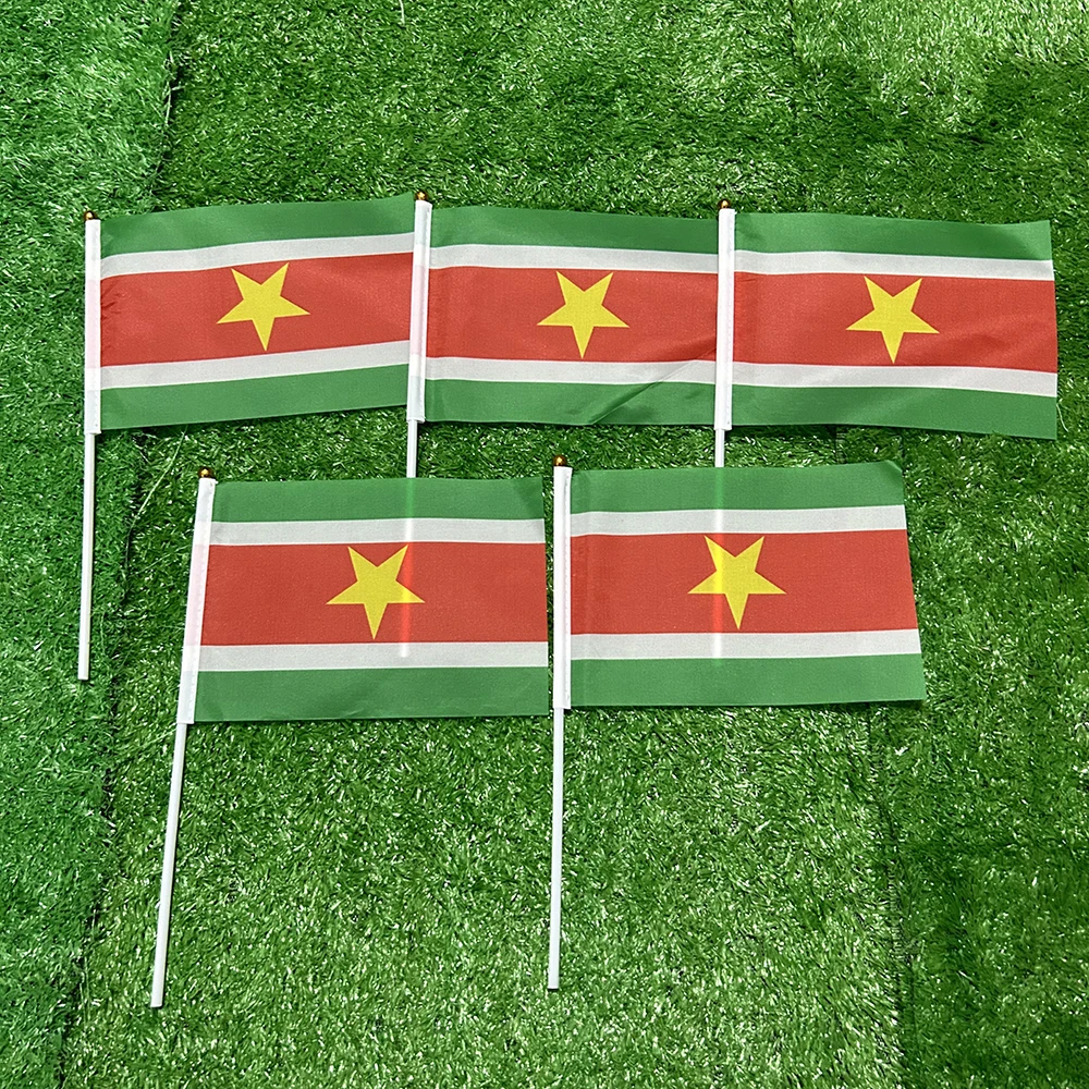 Bandera del cielo, bandera de mano de Surinam, 10/20/50/100 Uds., 21x14cm, banderas ondeantes de mano de Surinam con poste de plástico para actividades deportivas, decoración del hogar