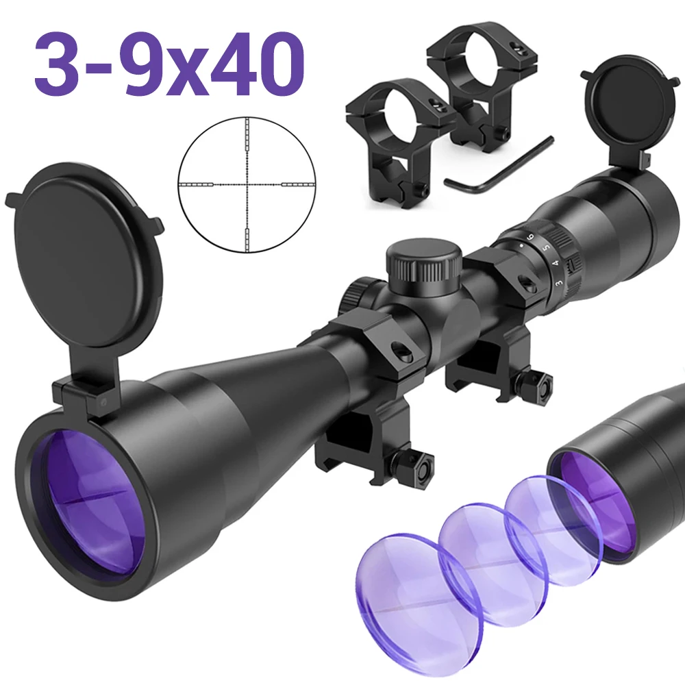 Mira telescópica táctica de 3-9x40mm, mira de caza, lente púrpura, mira óptica de largo alcance para rieles de 20mm/11mm