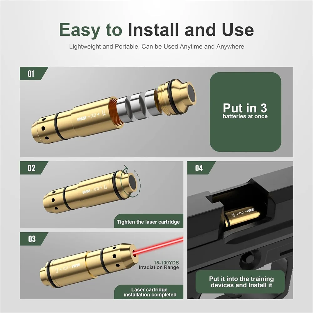 Sistema de entrenamiento de fuego seco de 9x19 mm Cartucho de entrenamiento láser 2 en 1 Vista de orificio láser de 9 mm para práctica de disparo y entrenamiento de fuego seco - imagen 4