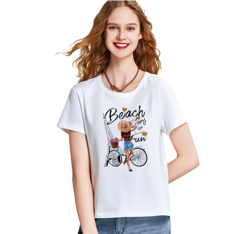 Pegatinas de dibujos animados de transferencia de calor de chica de bicicleta, parches de bricolaje para ropa, apliques de estilo de verano, moda Sexy - imagen 4