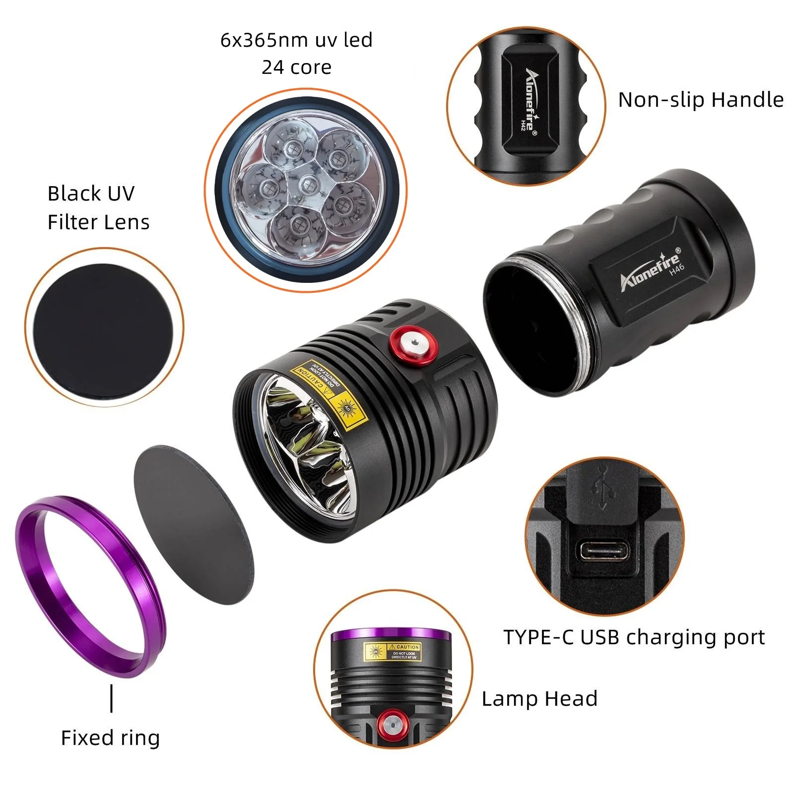 Potente linterna ultravioleta UV de 120W, 6x365nm, recargable por USB, luz negra, curado, minério de dinero, Detector fluorescente de escorpión - imagen 4