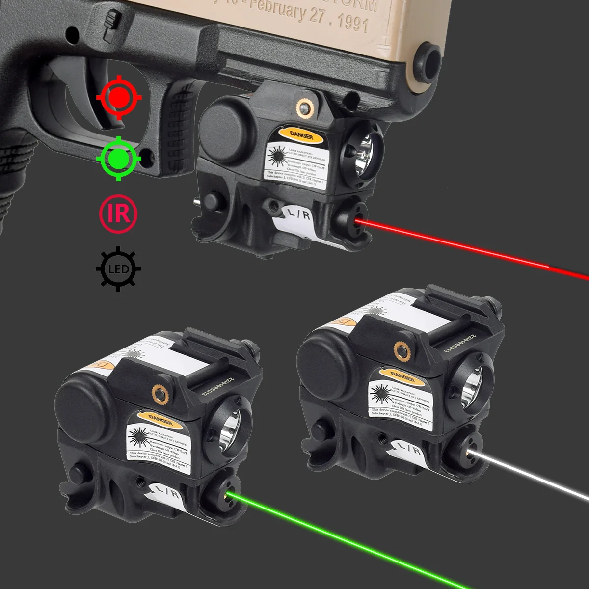 Mini linterna LED, mira láser verde y roja para pistola compacta G17 G19, armas ligeras, luz de explorador, riel Pictinny de 20mm