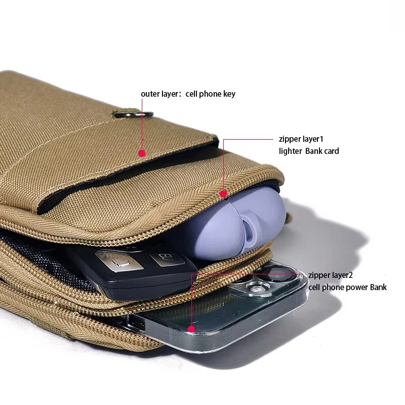 DIZETION, cintura militar para exteriores de doble capa, bolsa para teléfono para hombre, bolsa de cintura táctica para acampar y cazar, bolsa táctica caqui para exteriores - imagen 5