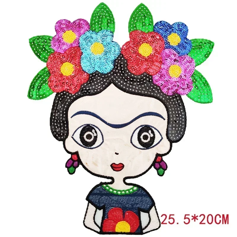 Tocados de flores mexicanas para niñas, parches para planchar, personajes de dibujos animados, parche bordado de lentejuelas para accesorios de ropa, pegatina para bolsa - imagen 3