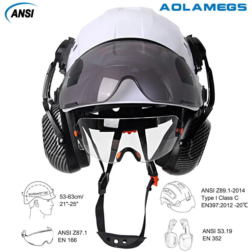 Casco de seguridad CE con orejeras de fibra de carbono, gafas dobles ABS, sombrero de trabajo de ingeniero de construcción, protección ANSI para la cabeza, sombrero duro de rescate - imagen 3