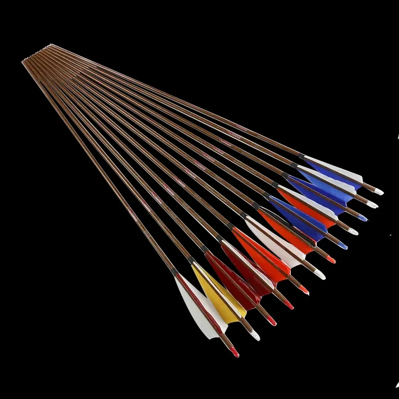 12 Uds tiro con arco flechas de carbono piel de madera 32 "SP300 5 pulgadas pluma de pavo compuesto recurvo arco tradicional caza - imagen 5
