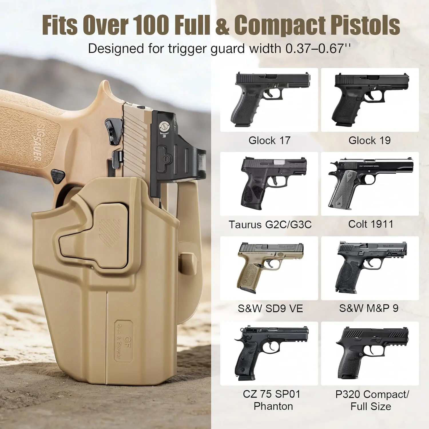 Funda universal OWB para Sig P320,G17/19,G3C/G2C,TP9,FN 509,M&P,CZ P-07, liberación de dedo índice, mano derecha, Color desierto - imagen 2