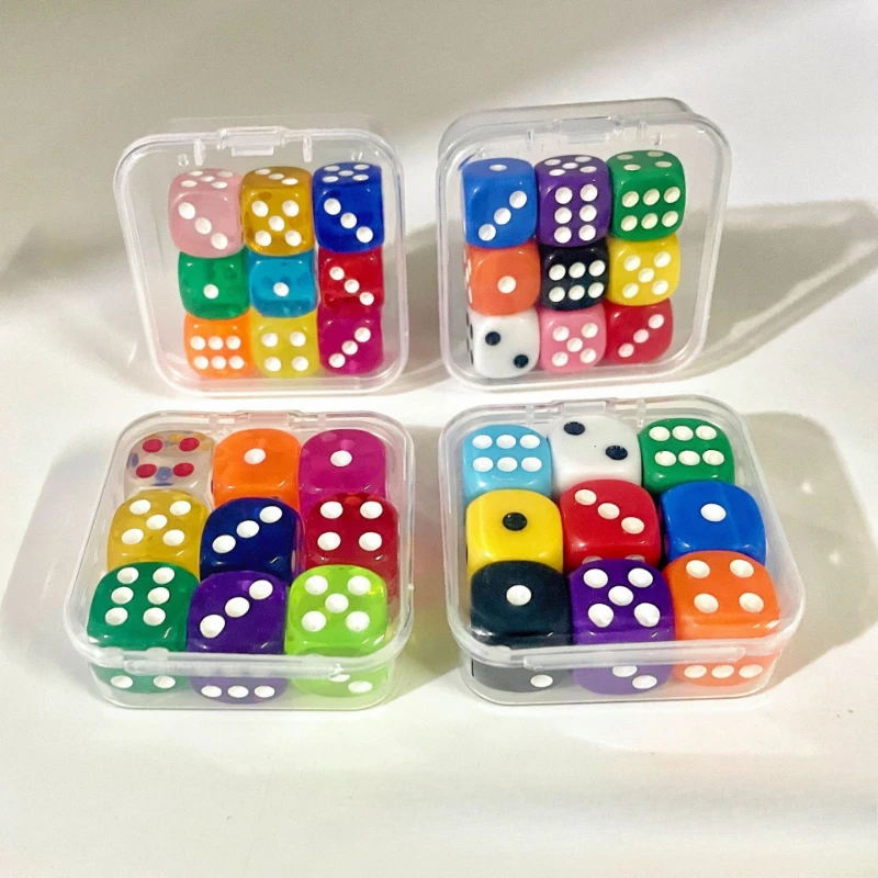 9 piezas de dados de colores transparentes con caja, dados de 6 caras para juegos de mesa, 14mm, 16mm, a granel para aprendizaje de matemáticas, dados para aula