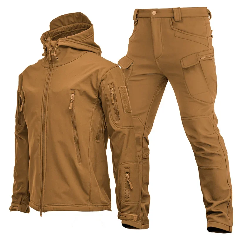 Conjunto táctico militar de piel de tiburón para hombre, chaqueta con capucha de concha suave, pantalones Cargo con múltiples bolsillos del ejército, trajes impermeables de 2 piezas, Invierno - imagen 4