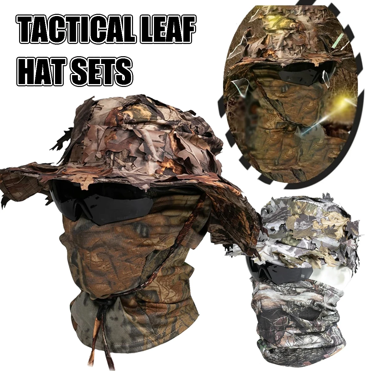 Conjuntos de sombreros de hoja táctica con gorro de béisbol de camuflaje con hojas 3D, gafas, pasamontañas, máscara, sombrilla de pesca, accesorios de caza y tiro
