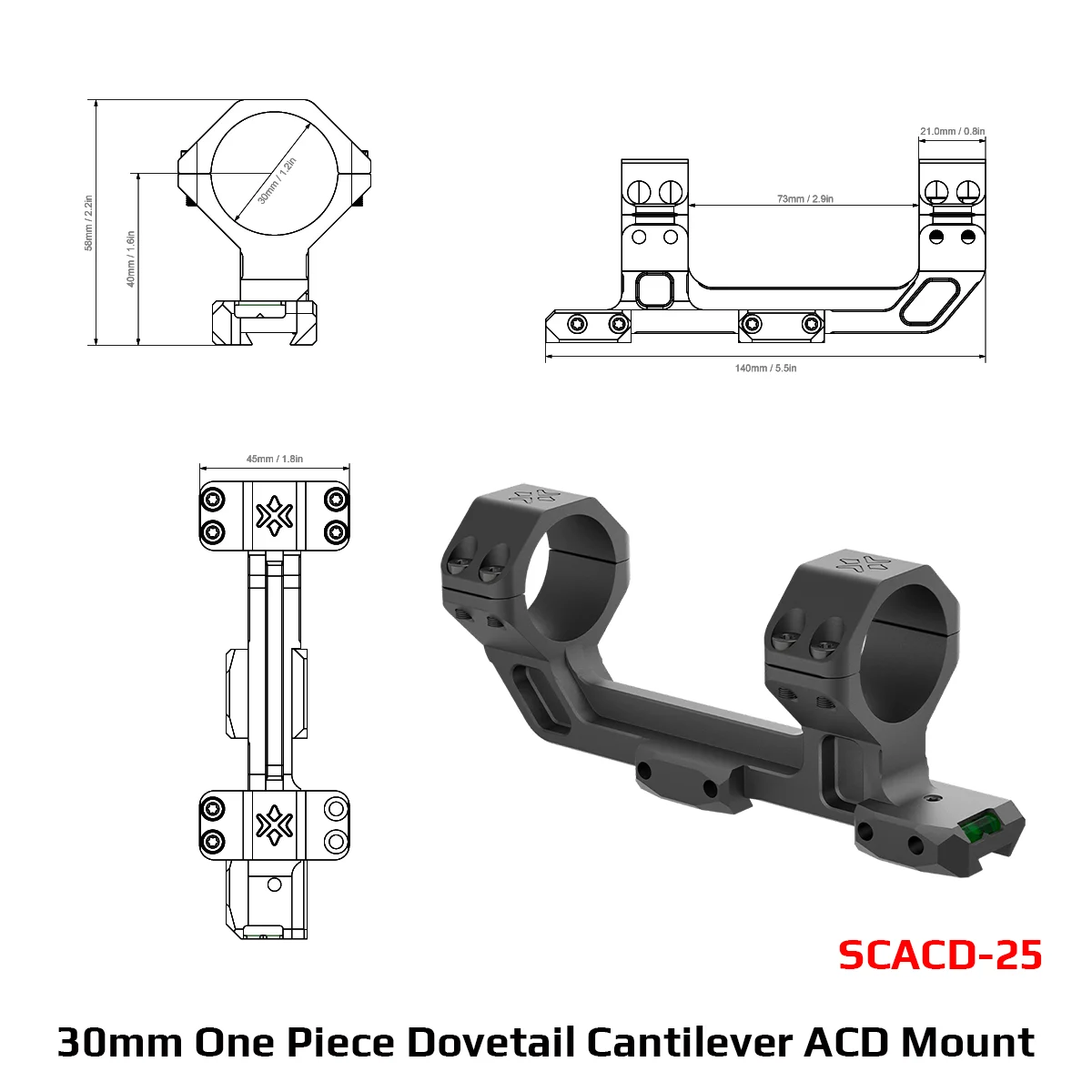 Montura de visor Vector Optics X-ACCU de 30 mm en una sola pieza con soporte cantilever Picatinny/Dovetail ACD con nivel de burbuja de aire e indicador de coseno. - imagen 4