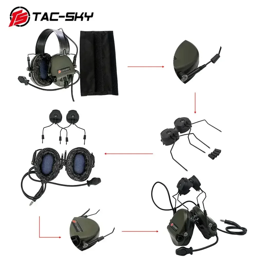 TAC-SKY TEA Hi-Threat Tier 1 pastilla de reducción de ruido casco táctico montaje de arco auriculares y PTT táctico U94 PTT y diadema - imagen 3