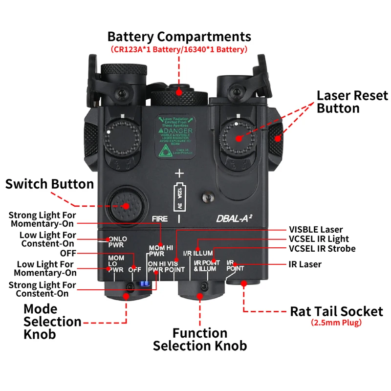 WADSN táctico DBAL-A2 de Metal IR iluminación LED indicador estroboscópico rojo verde puntería DBAL IR versión fuerte caza Airsoft arma lámpara - imagen 4