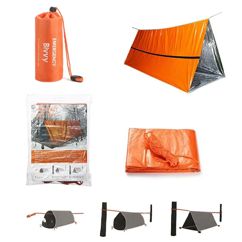 Kit de tienda de supervivencia Bivy para 2 personas, refugio de emergencia, tienda de campaña de tubo Mylar, saco de dormir impermeable para exteriores, manta térmica SOS reutilizable - imagen 3
