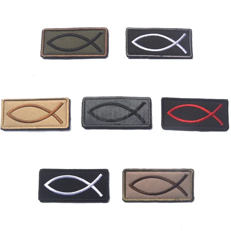 Parches bordados con símbolo de pez de Jesús, sedal de pesca redondo, esqueleto, hueso, pez, Chevron, apliques Shouler, parche de bendición de fe para gorra - imagen 2