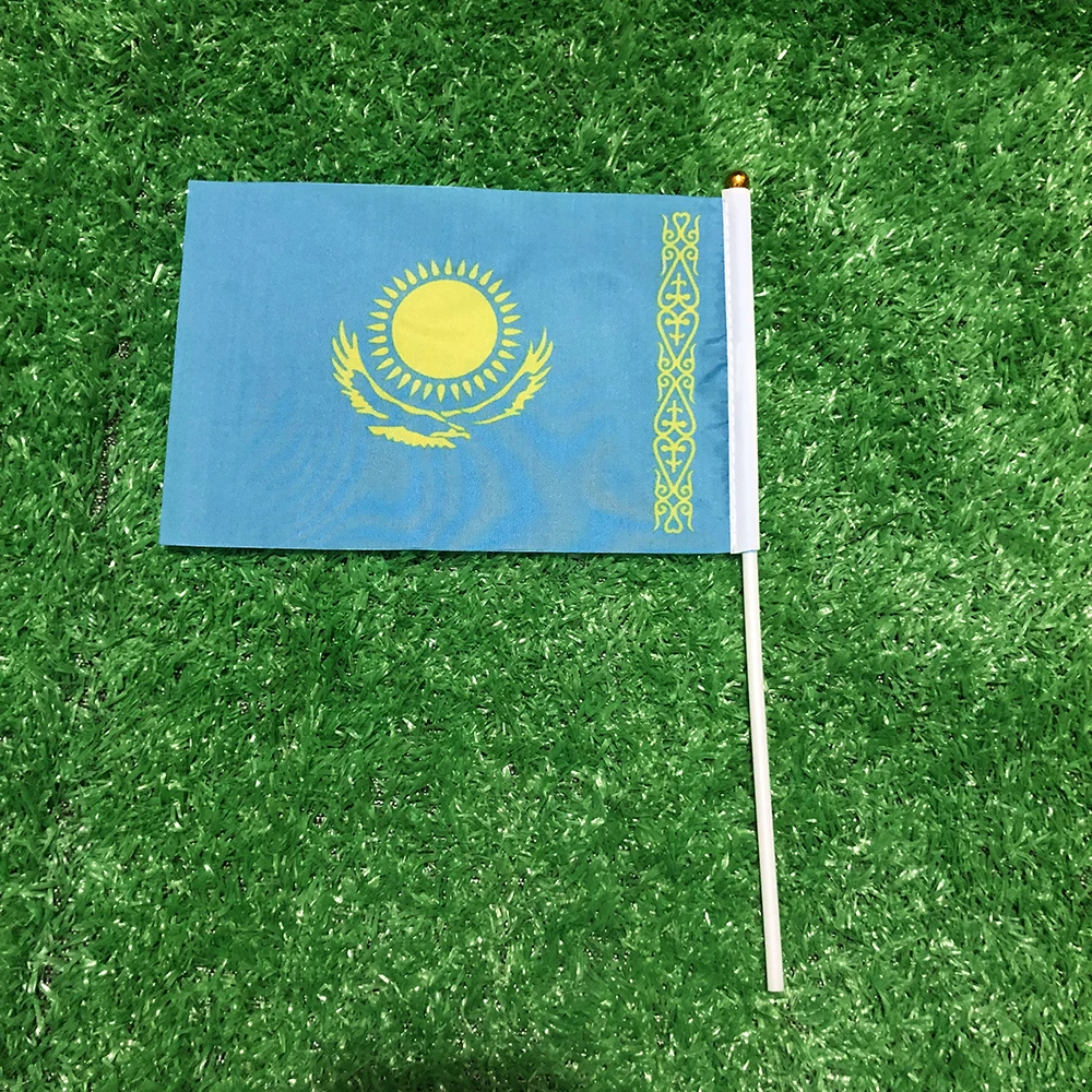 SKY FLAG Bandera de mano de Kazajstán 14x21cm 100 Uds poliéster penetración de doble cara Kazajstán KAG bandera ondulada a mano con poste de plástico - imagen 4