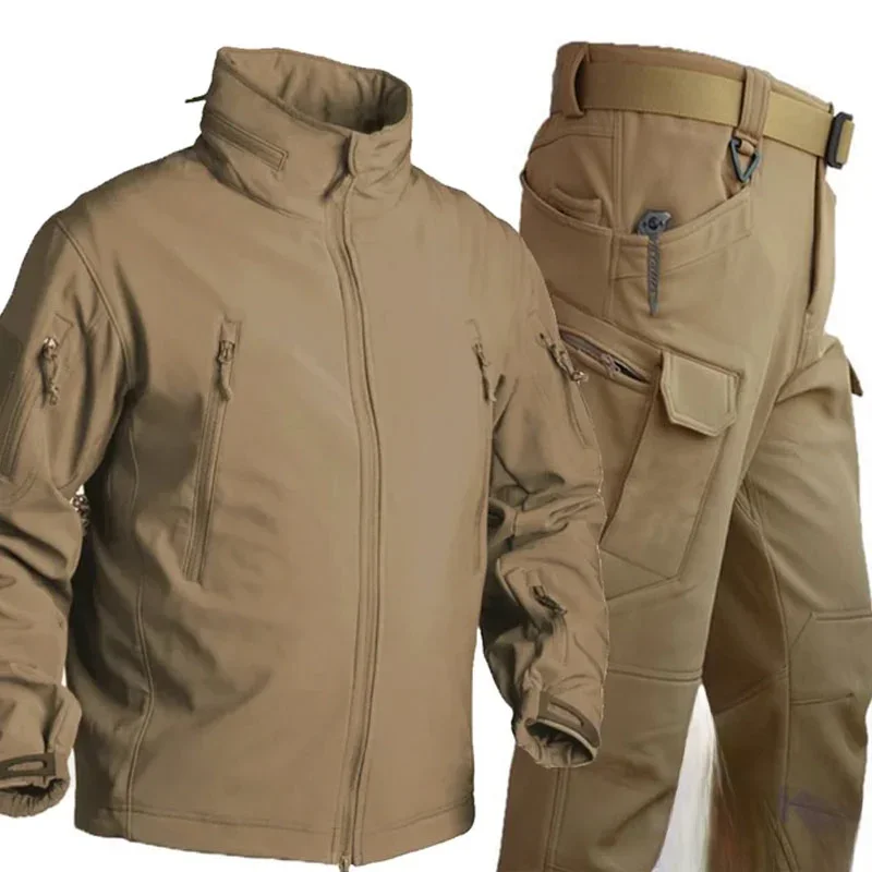Conjuntos tácticos de forro polar para hombre, chaquetas de piel de tiburón impermeables con múltiples bolsillos, pantalones Cargo cálidos, trajes tácticos para exteriores - imagen 4