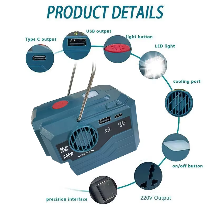 Inversor portatil 200W 18V USB-C y enchufe AC Makita Dewalt Milwaukee - imagen 4