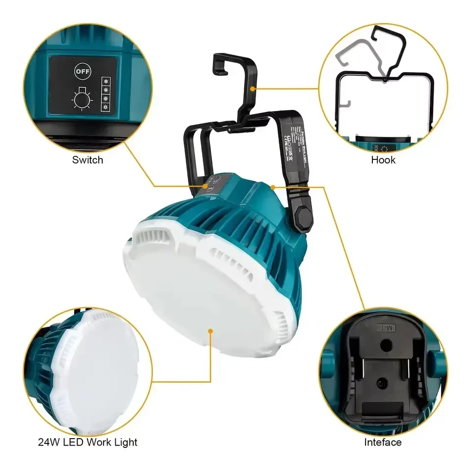Luz LED de advertencia portátil de 24W, luz de trabajo, iluminación exterior para herramientas eléctricas Makita, lámpara LED con batería de litio de 14,4 V, 18V y 20V - imagen 3
