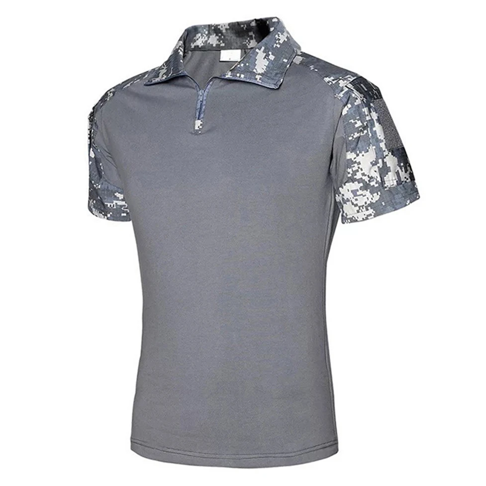 Una camisa gris con un patrón de camuflaje en las mangas