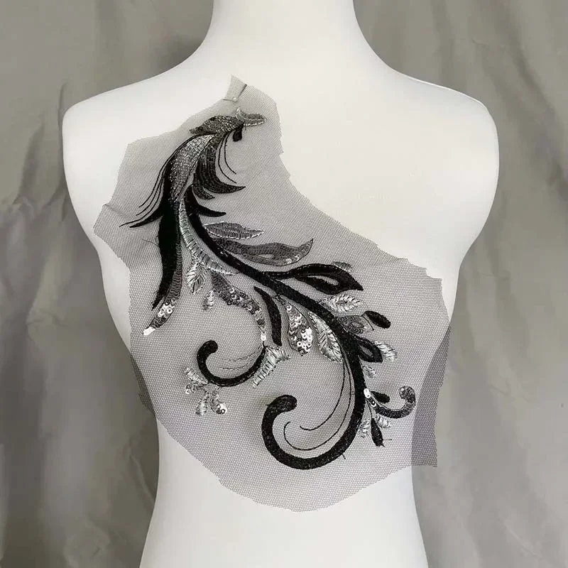 1 par/25*14CM apliques de lentejuelas de flores 3d parches de costura bordados de encaje, adornos y apliques para ropa, vestido, falda de noche - imagen 2