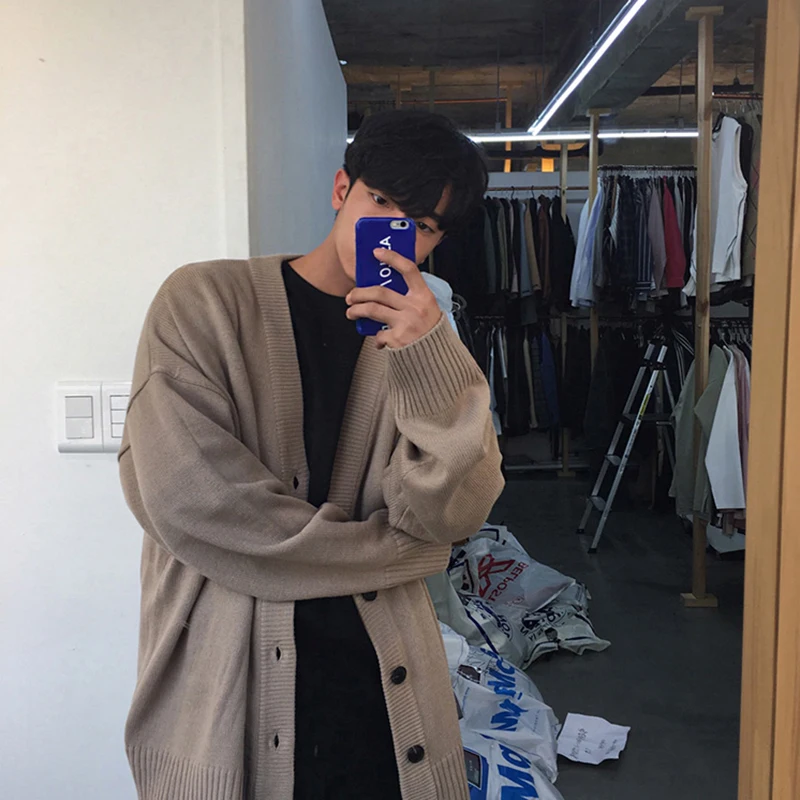 Suéteres de punto de un solo pecho con cuello en V para hombres, cárdigan de Color sólido, ropa de hombre, abrigo, chaqueta lisa, suéter de calle alta de otoño - imagen 5