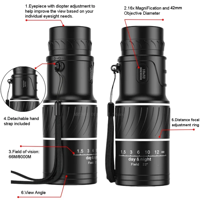 Telescopio Monocular de película verde portátil de alta definición para exteriores 16x52, telescopio de fotografía de concierto de senderismo con poca luz HD - imagen 5