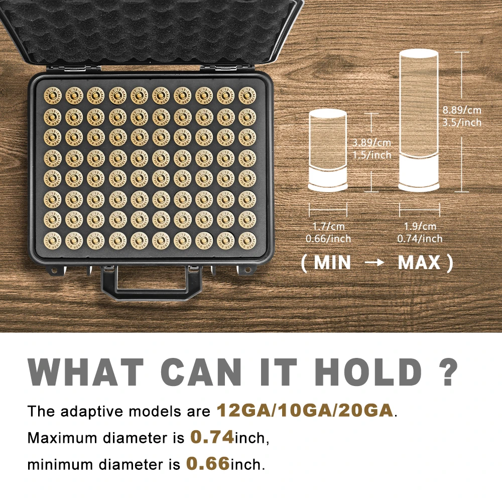 Caja de munición 12GA, caja de 80/42/25 balas para cartuchos, caja de municiones de calibre 12, soporte para escopeta, contenedor de almacenamiento de balas con tapa abatible - imagen 3