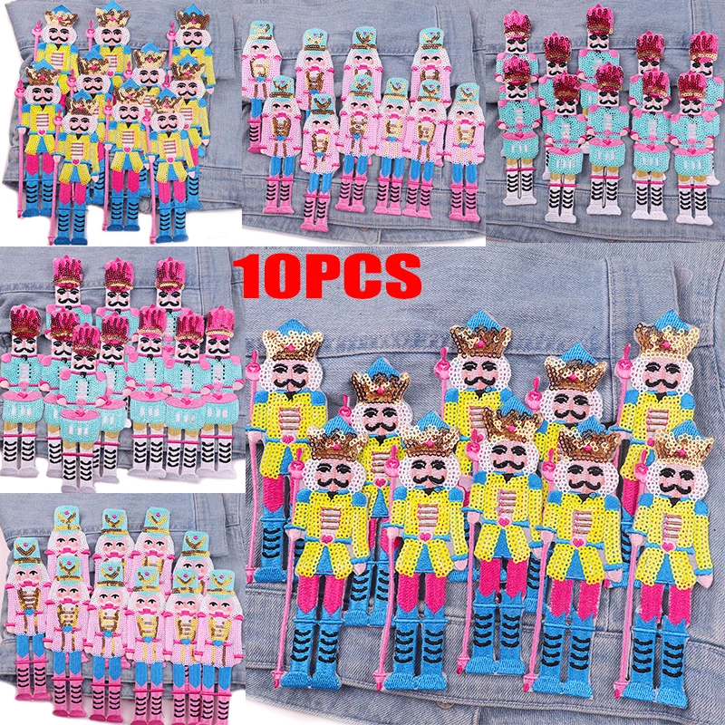 Parche de Cascanueces bordado de lentejuelas, parches para planchar para ropa, chaquetas, DIY, parche de costura de soldado rey de dibujos animados, venta al por mayor, 10 Uds.