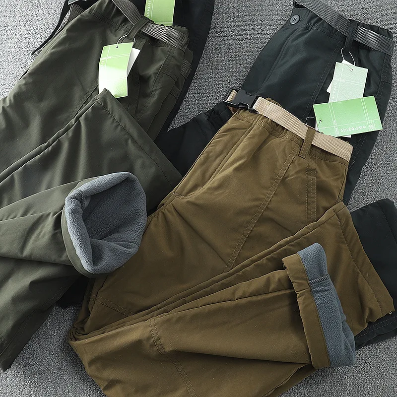 Pantalones impermeables a prueba de viento con forro polar para exteriores, pantalones informales de pierna recta para hombre con múltiples bolsillos para invierno - imagen 2