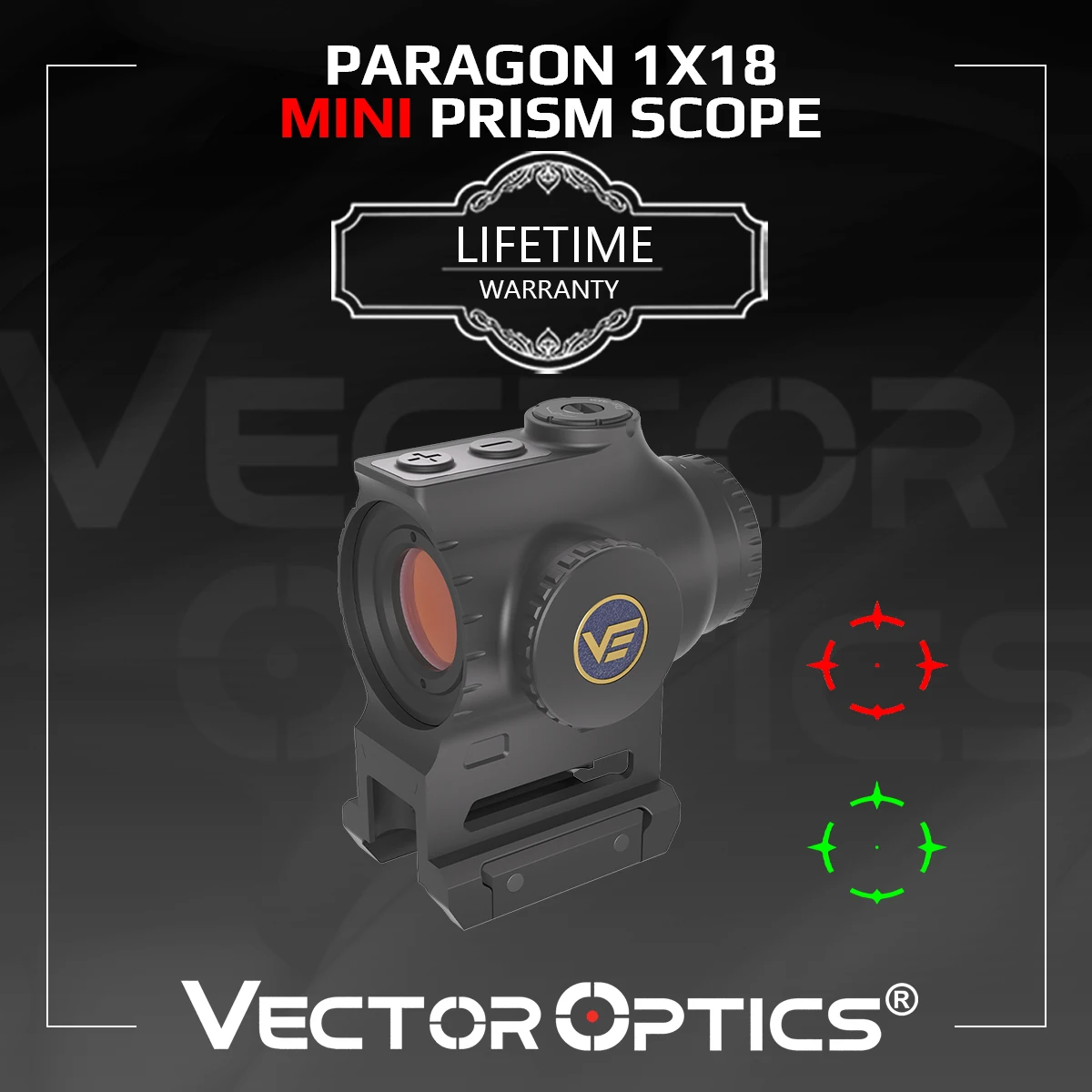 Mira Prismática Mini de Rifle Vector Optics Paragon 1X18 con Iluminación Roja y Verde Para Rápida Adquisición de Objetivos y Tiro de Corto Alcance.