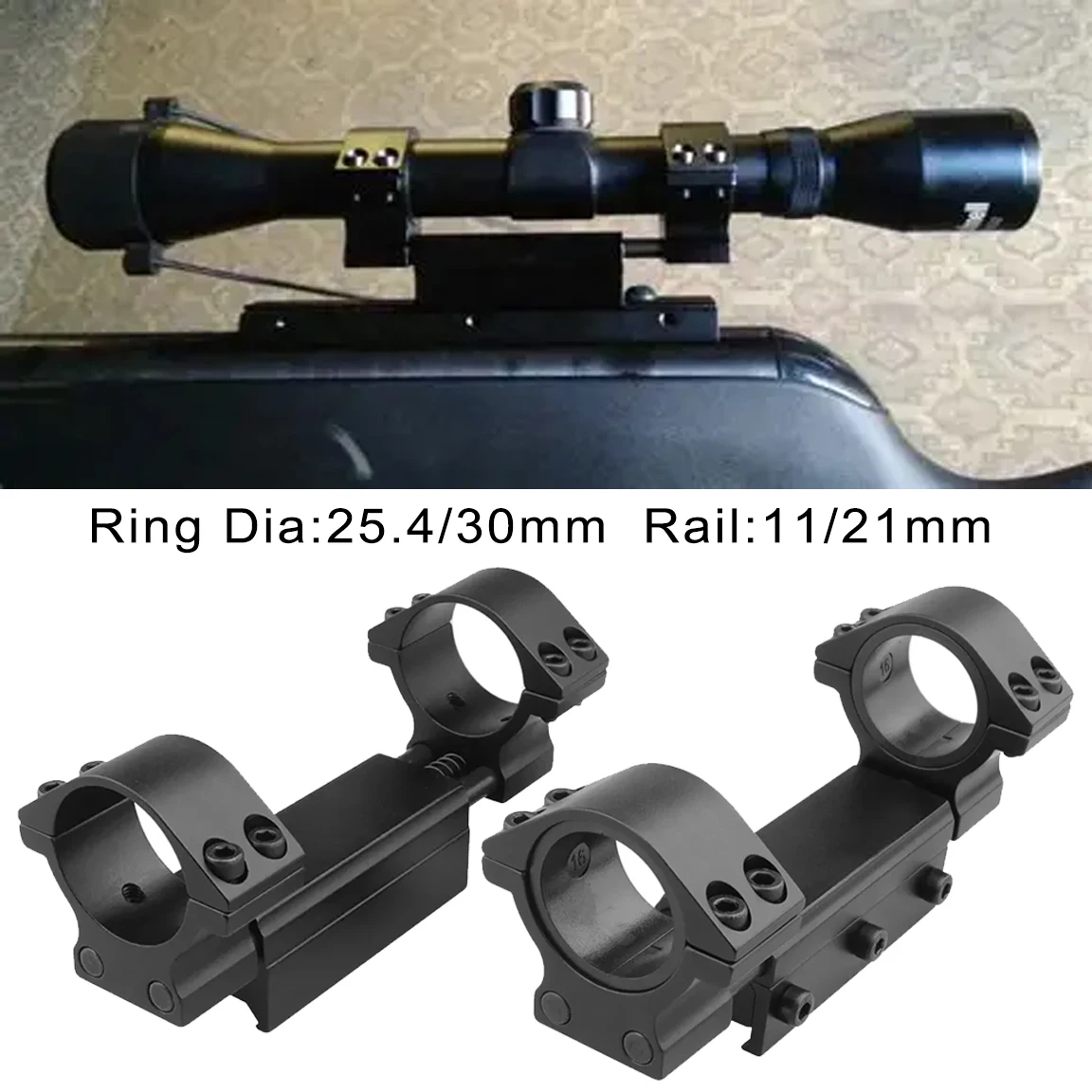 Montaje de retroceso cero, anillos de 25,4mm/ 30mm con adaptador de Pin de parada, 11/20mm, 3/8 ", mira telescópica para pistola de aire de cola de milano, montaje de alcance compensado - imagen 2