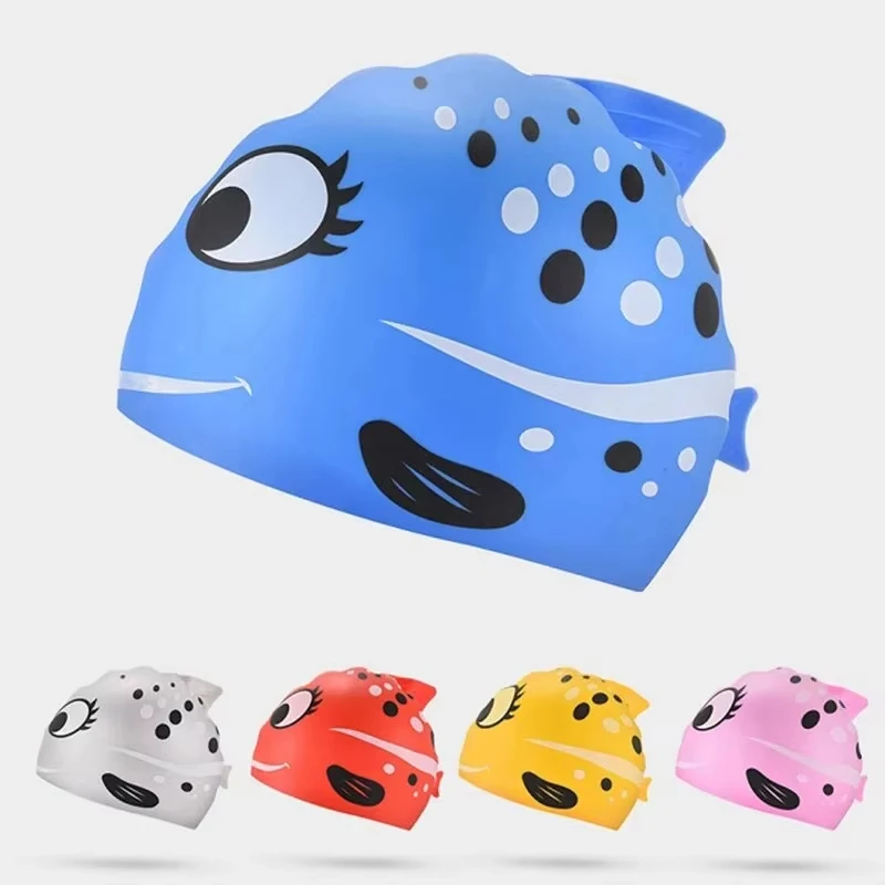 Gorro de natación impermeable de silicona para niños, diseño de puntos de pescado de dibujos animados, unisex, suave, sin presión para niños y niñas