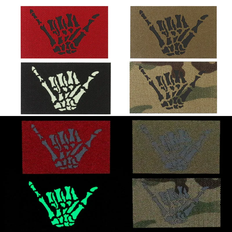 Insignia de identificación IR de dedo de calavera que brilla en la oscuridad, Parche de gancho y bucle, parche de esqueleto, brazalete militar de camuflaje - imagen 2
