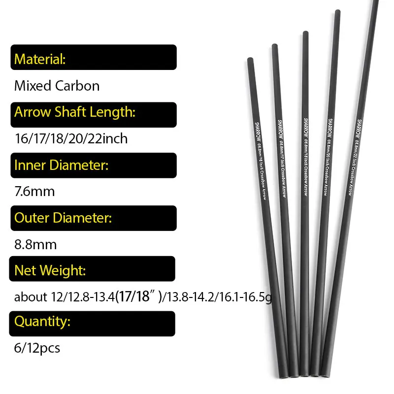 Eje de flecha de carbono mezclado para tiro con arco, 16/17/18/20/22 pulgadas OD 8,8mm ID 7,6mm, ballesta para caza al aire libre, tubo de flecha DIY, 6/12 Uds. - imagen 5