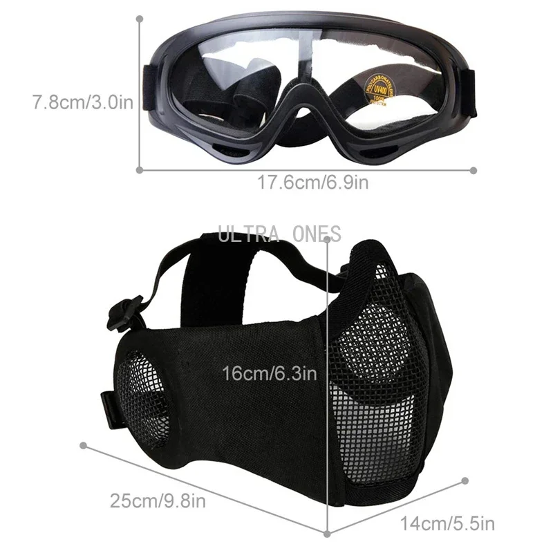 Máscara táctica Airsoft + conjunto de gafas, máscara de malla de media cara con protección para los oídos, tiro de Paintball, juegos de supervivencia CS, Cosplay - imagen 4